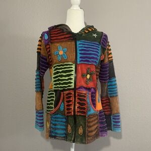 Rising International Nepal Hoodie Sweatshirt Womens Small‎ Colorful Hippie Boho